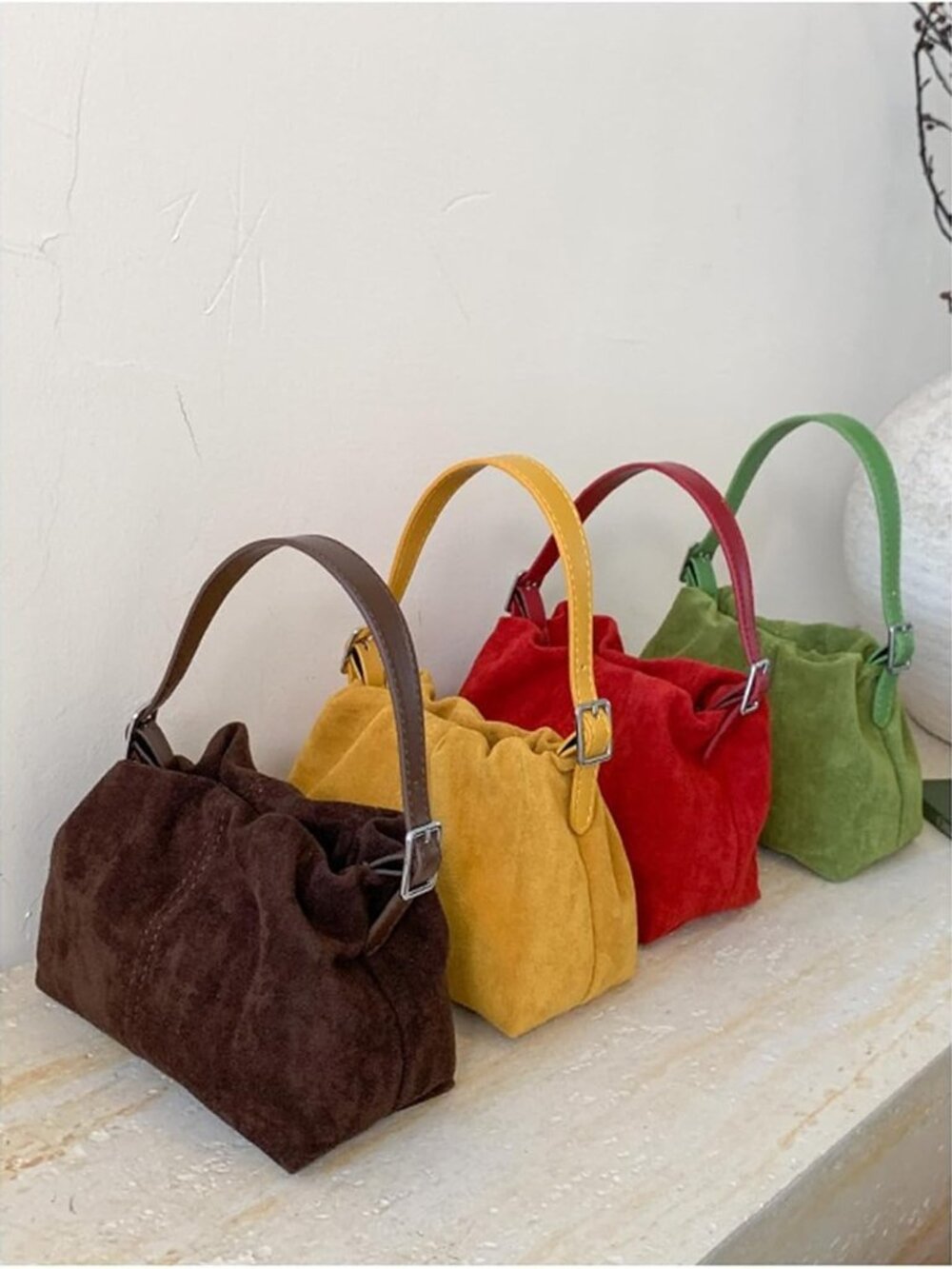 Women Vintage Suede Handbag Small Tote Bag Drawstring Bucket Bag Faux Suede Cros - Picture 7 of 7